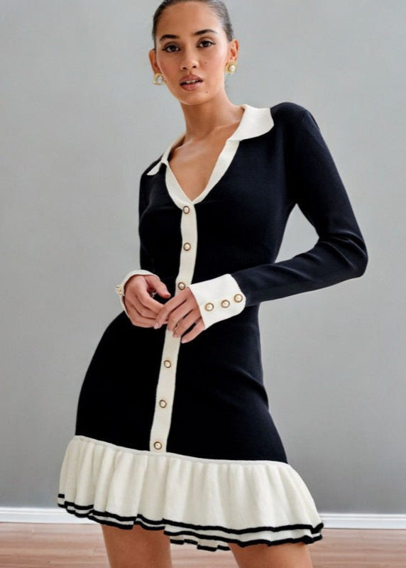 Polo Collar Contrast Trim Button Front Ruffle Hem Knit Mini Dress