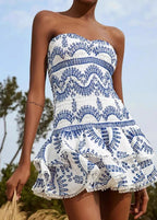 Geometric Print Smocked Strapless Tiered Pom Trim Mini Dress