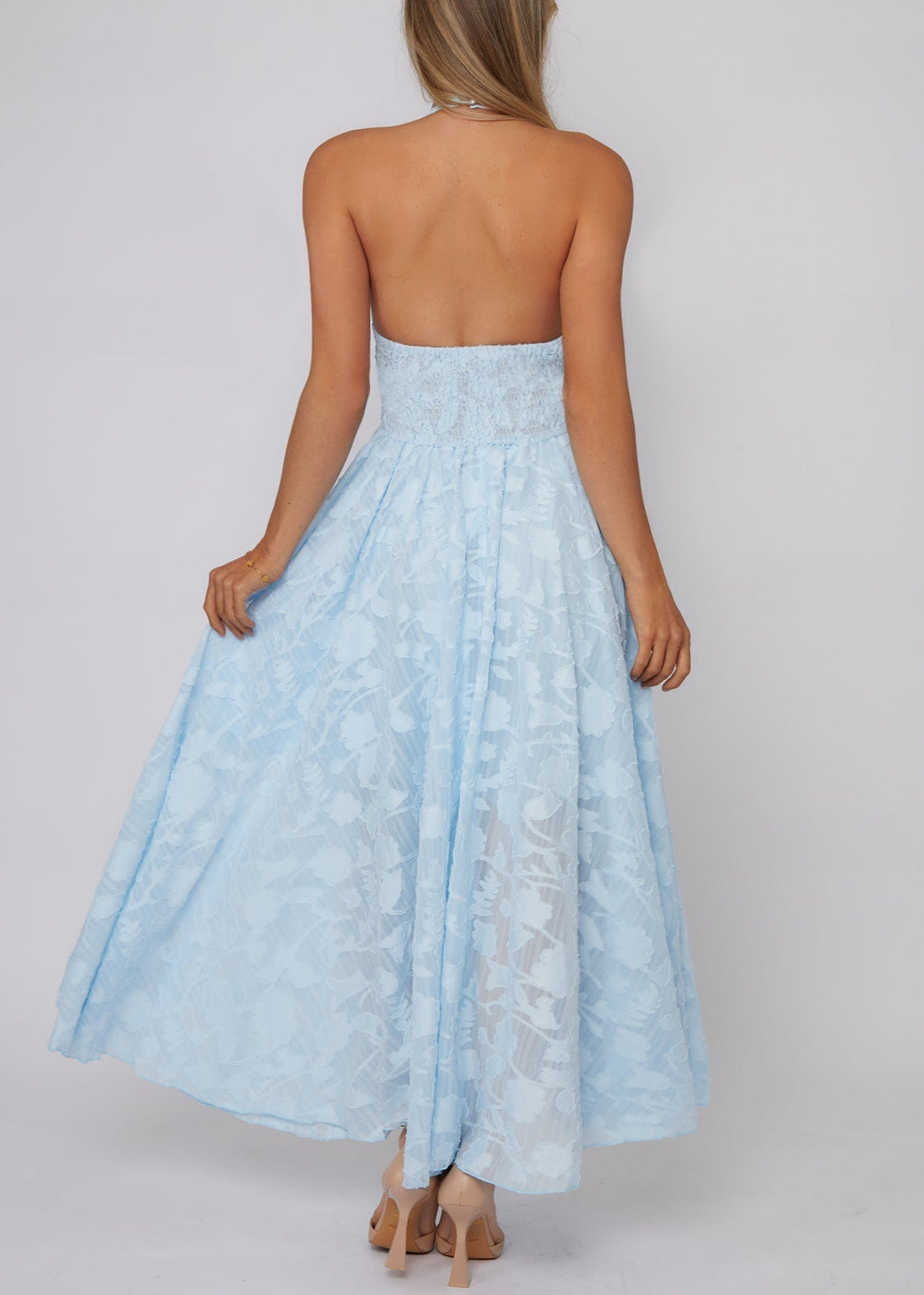 Halter Neck Floral Burnout Deep V Neck Maxi Dress