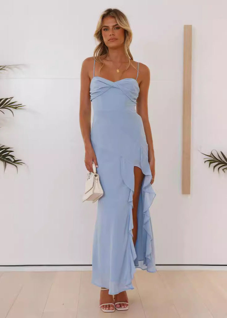 Spaghetti Strap Twist Front Ruched Bust Ruffle Trim High Slit Maxi Dress