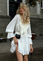 Ruffled Deep V-Neck Long Bell Sleeve Smocked Waist Tiered Mini Dress