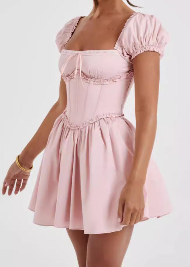 Off Shoulder Puff Sleeve Corset Bodice Basque Waist Mini Dress