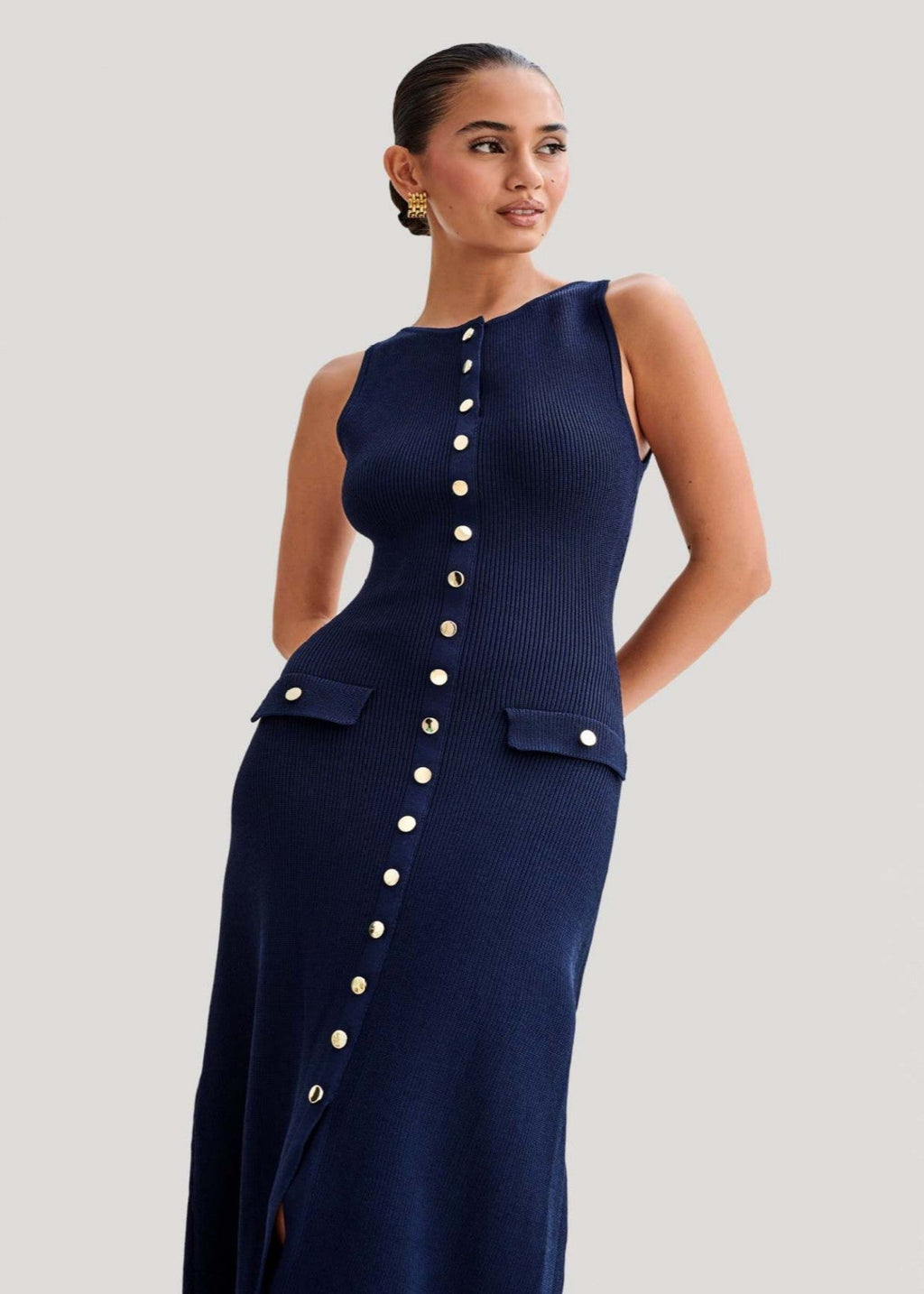 Rib Knit Sleeveless Button Front Flap Pocket Midi Dress