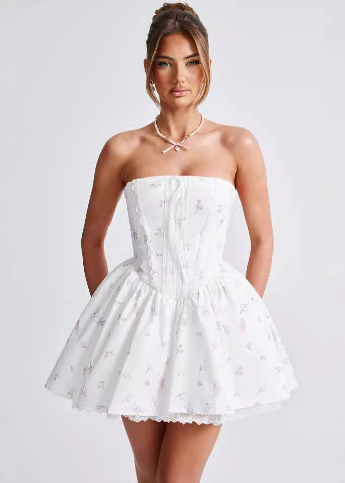 Floral Print Strapless Corset Lace Up Puff Skirt Mini Dress