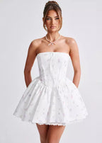 Floral Print Strapless Corset Lace Up Puff Skirt Mini Dress