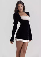 Velvet Square Neck Puff Sleeve Smocked Bust Button Front Pleated Hem Mini Dress