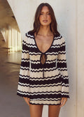 Crochet Knit Chevron Print Tie Front Bell Sleeve Mini Dress