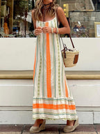 Geometric Chevron Stripe Spaghetti Strap Tiered Ruffle Hem Maxi Dress