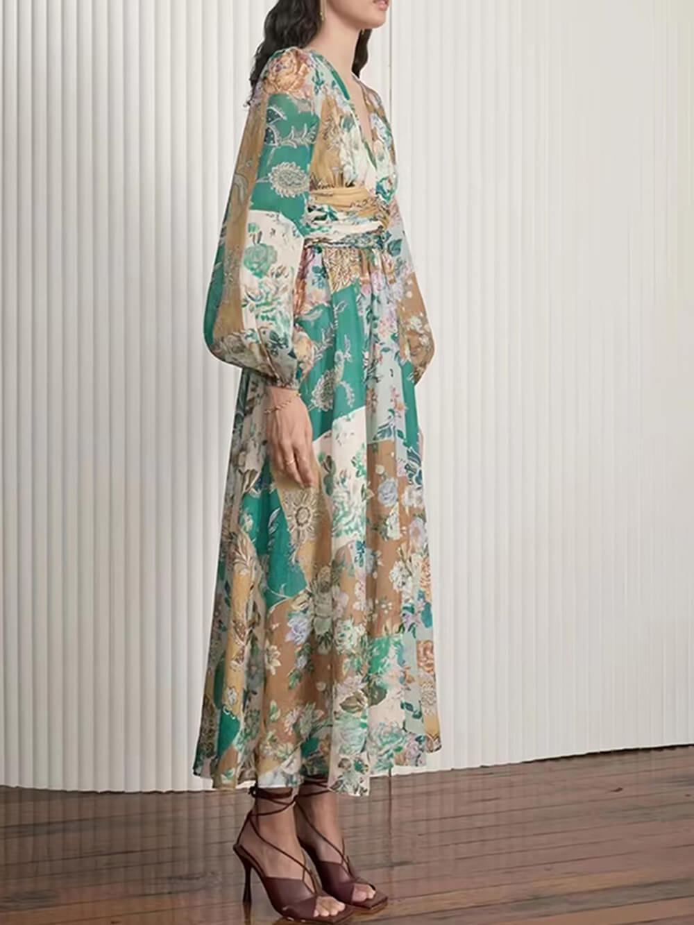 Patchwork Floral Print V-Neck Balloon Sleeve Ruched Waist Midi Dress