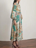 Patchwork Floral Print V-Neck Balloon Sleeve Ruched Waist Midi Dress