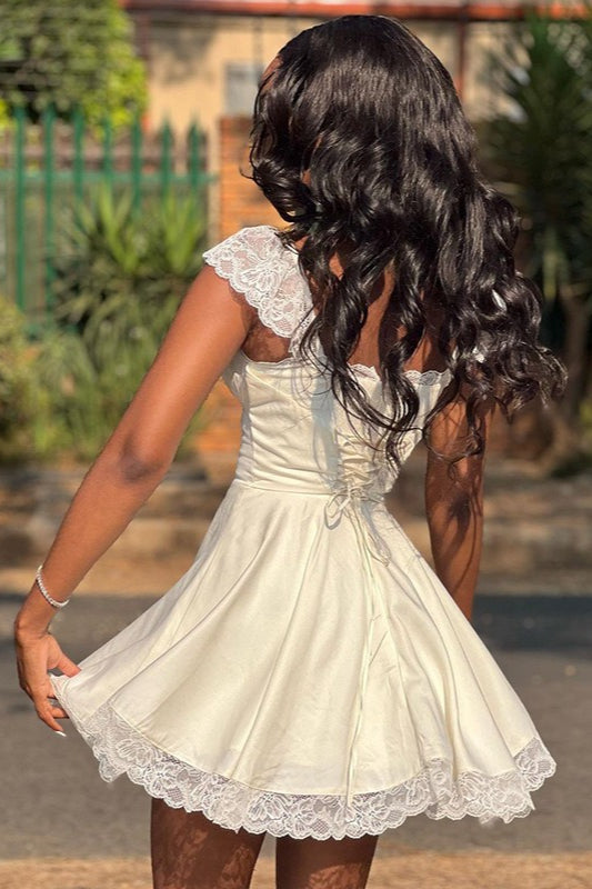 Square Neck Lace Cap Sleeve Ruched Waist Lace Hem Satin Mini Dress