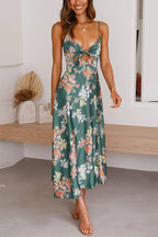 Floral Print Tie Front Sweetheart Cutout Midriff Slit Satin Maxi Dress