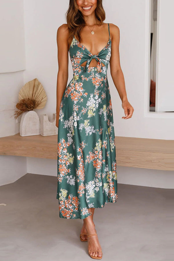 Floral Print Tie Front Sweetheart Cutout Midriff Slit Satin Maxi Dress