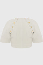Custom Look Linen Blend Unique Metal Pattern Buttons Slit Half Sleeve Crop Jacket