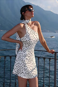 Polka Dot One Shoulder Halter Neck Sash Detail Bodycon Mini Dress