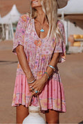 Chelsea Aesthetic Multicolored Short Ruffle Dress with Hibiscus Flower Print Statement Occasion Edit