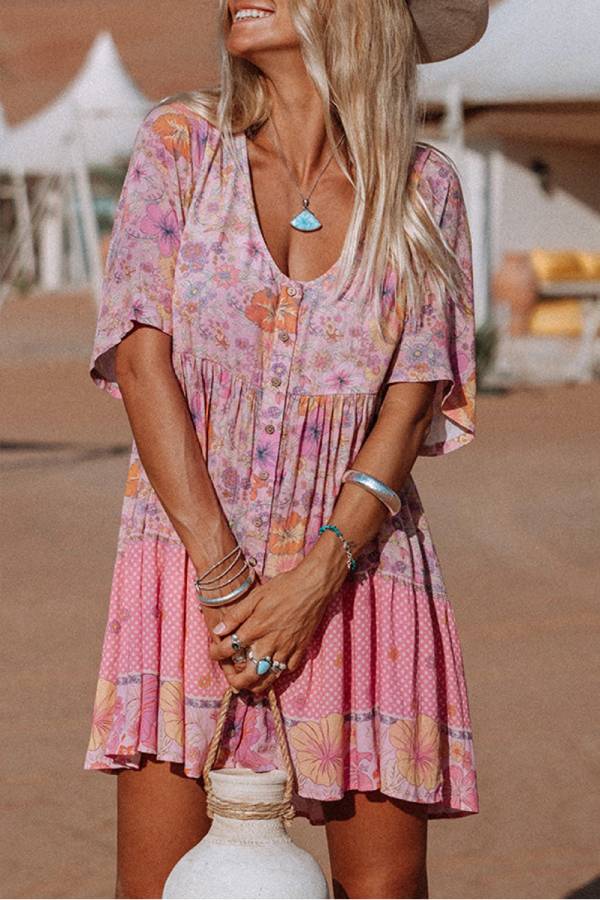 Chelsea Aesthetic Multicolored Short Ruffle Dress with Hibiscus Flower Print Statement Occasion Edit
