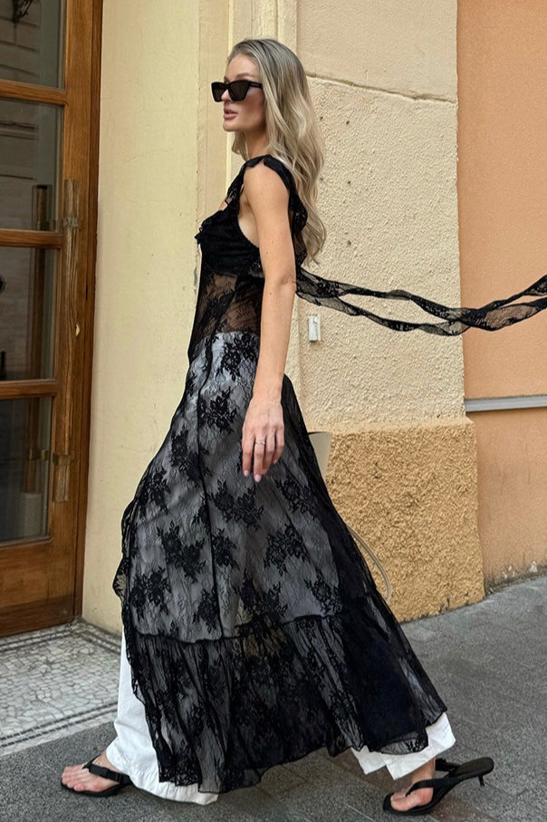 Black Square Neck Ruffle Trim Sheer Lace Ribbon Tie Maxi Dress