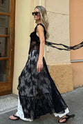 Black Square Neck Ruffle Trim Sheer Lace Ribbon Tie Maxi Dress