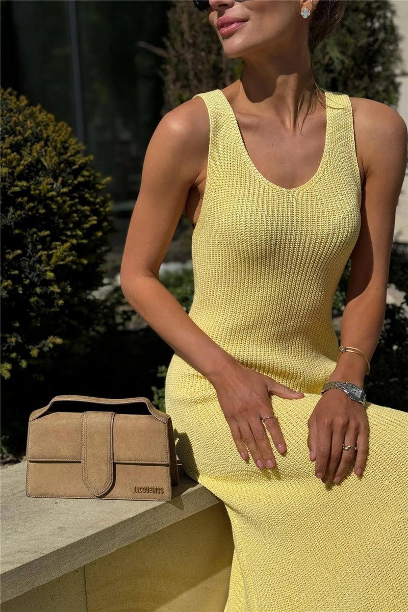 Sleeveless Ribbed Knit Scoop Neck Tank Maxi Dress