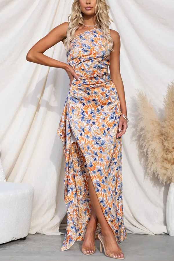 Floral Print One Shoulder Ruched Wrap Front Slit Maxi Dress