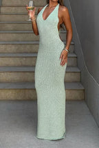 Halter Neck Scoop Neck Sequin Mesh Knit Bodycon Maxi Dress