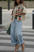 | Short-sleeved button-down decorative cherry knit sweater