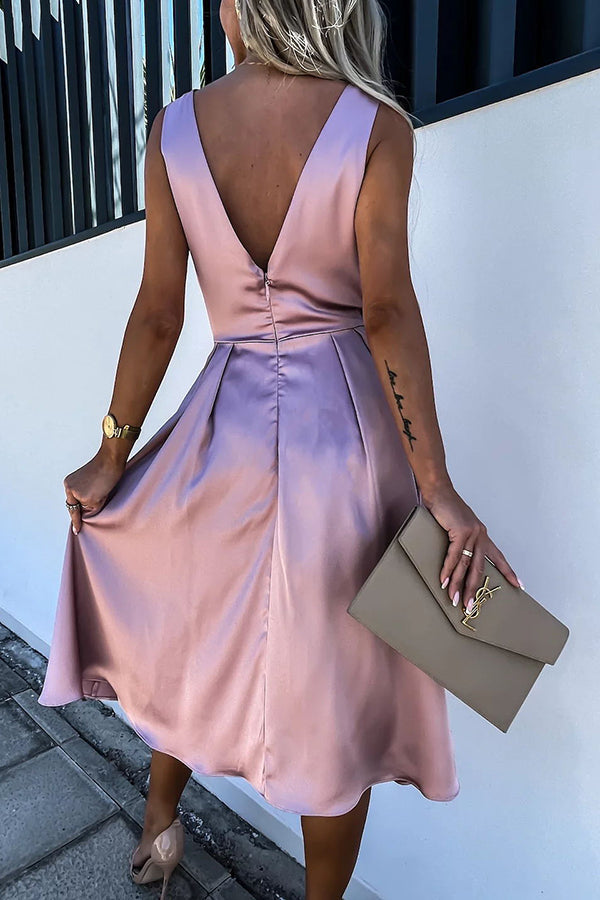 Satin Wrap V-Neck Ruched Waist Fit and Flare Midi Dress
