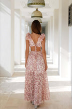 One Shoulder Ruffle Strap Cutout Tiered Blossom Print Maxi Dress