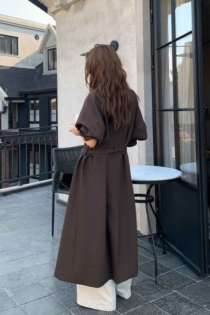 THE MIND British Style Contrast-Collar Long Overcoat