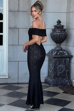 Floral Lace Off Shoulder Foldover Cuff Mermaid Maxi Dress