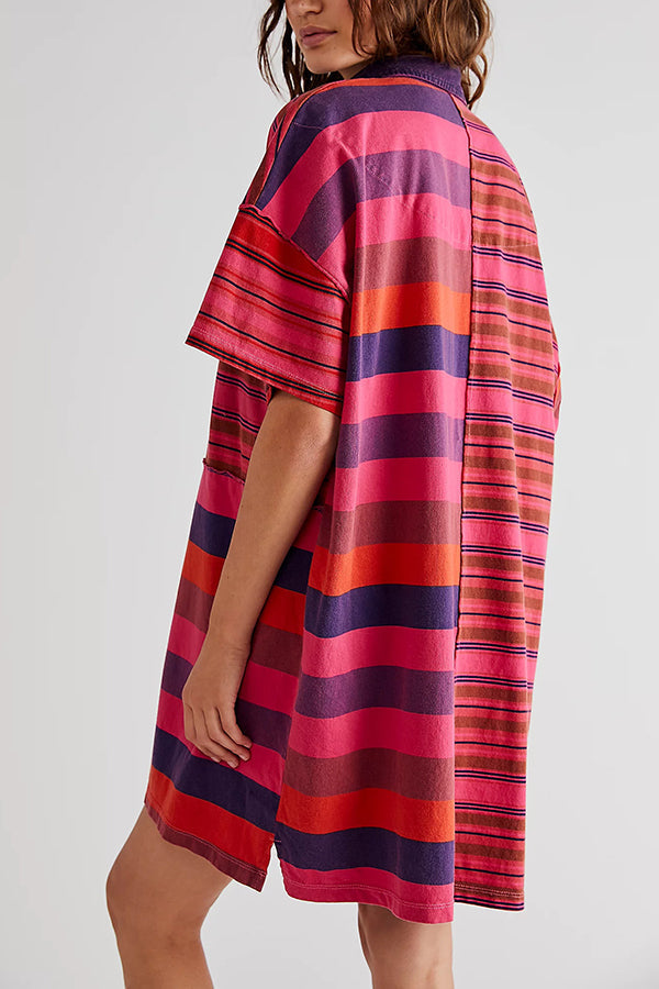 Denim Collar Striped Patchwork Polo Rugby Mini Dress