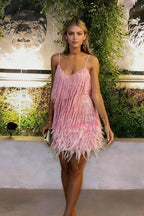 Deep V Spaghetti Strap Tiered Sequin Fringe Feather Trim Bodycon Mini Dress