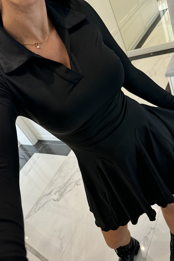 Polo Collar Deep V-Neck Paneled Skater Lettuce Hem Mini Dress