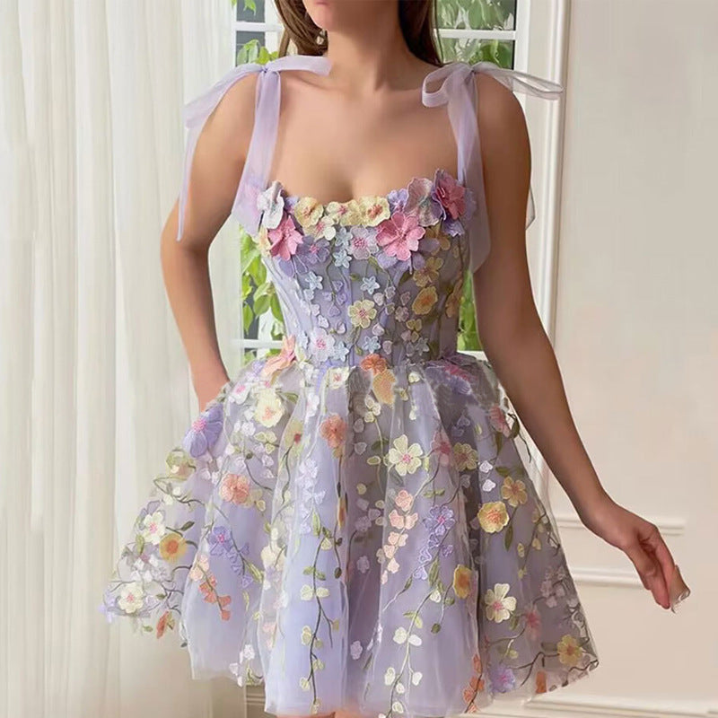 3D Floral Applique Tie Shoulder Tulle Corset A-Line Mini Dress