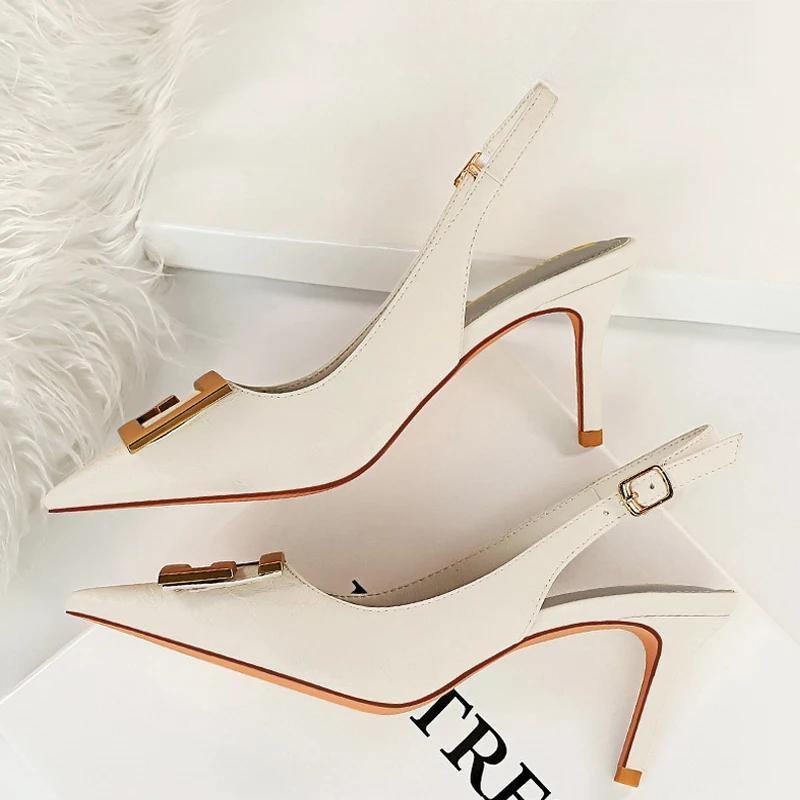 Metal Kitten Heels Hollow High Heels Woman Pumps Sexy Party Shoes