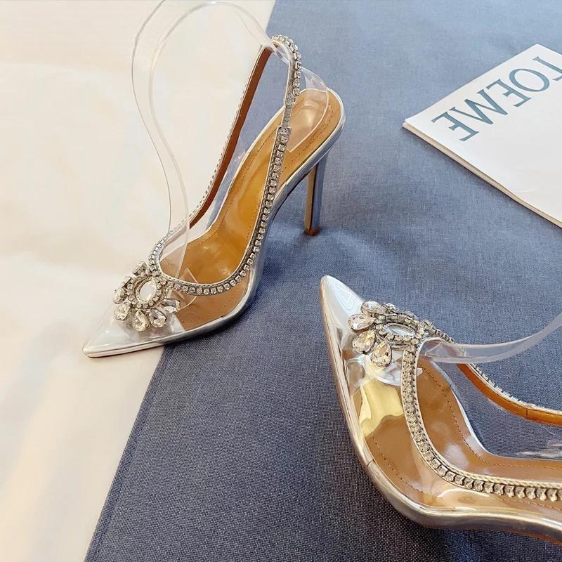 Clear Rhinestone Women Sandals Pumps with Hollow Out Slingbacks and High Heels