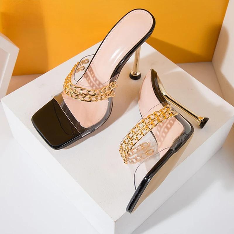 Summer Chain Women Slippers Sandals with Thin High Heels
