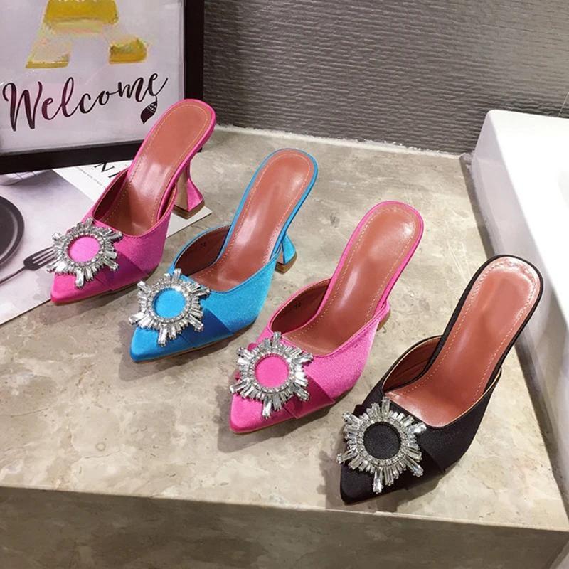 Red Silk Satin Pointed Toe Pumps with Rhinestone Crystal Wedding Slip On Strange Style Heel