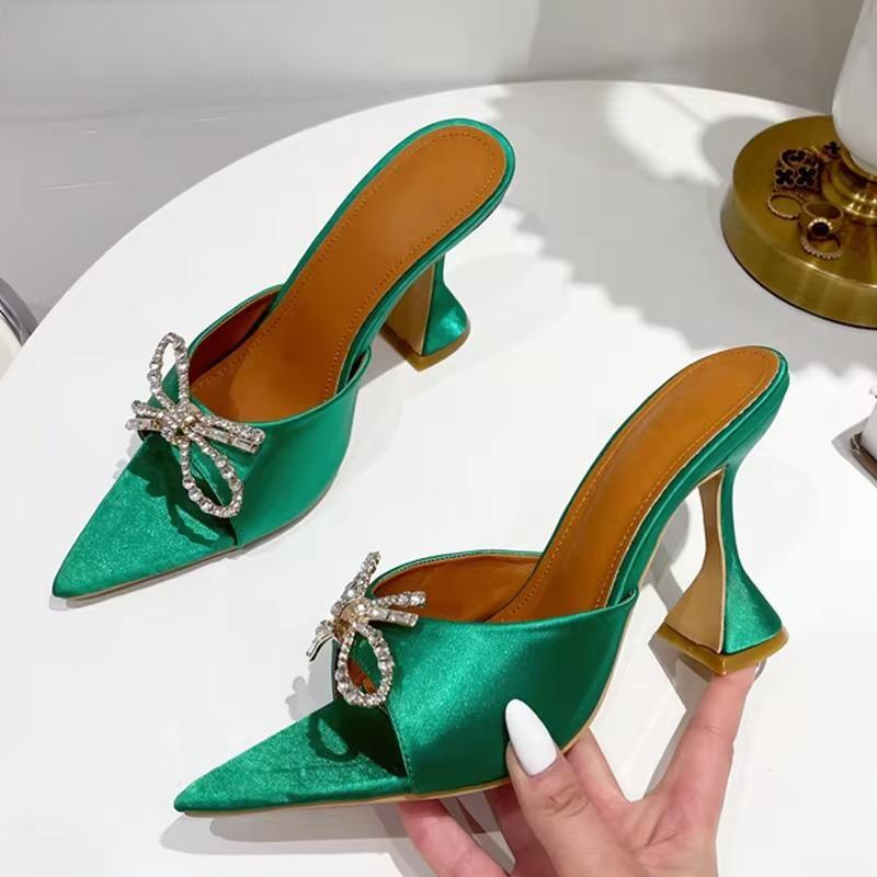 Butterfly-knot Crystal Thick Heel Slippers