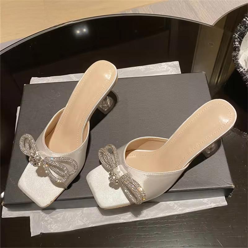 Crystal Butterfly-knot Slippers Women Fashion Square Toe Transparent Low Heels