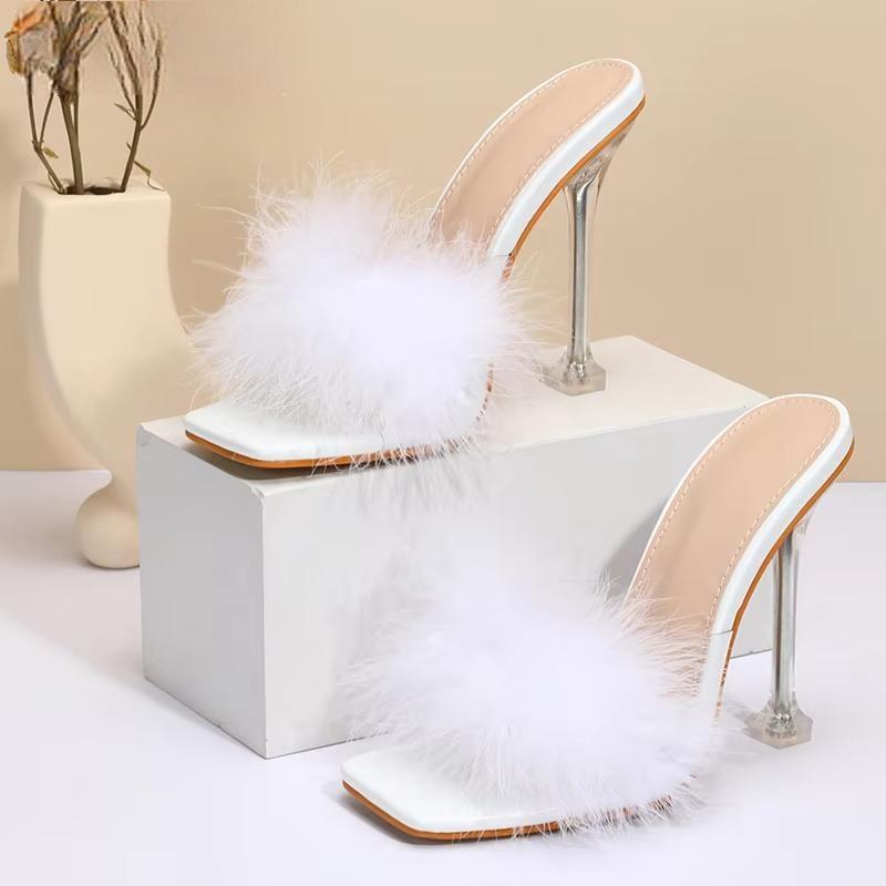 Feather Transparent High Heel PVC Shoes Slippers for Women with Fur Pumps