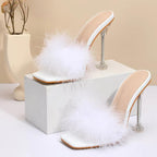 Feather Transparent High Heel PVC Shoes Slippers for Women with Fur Pumps
