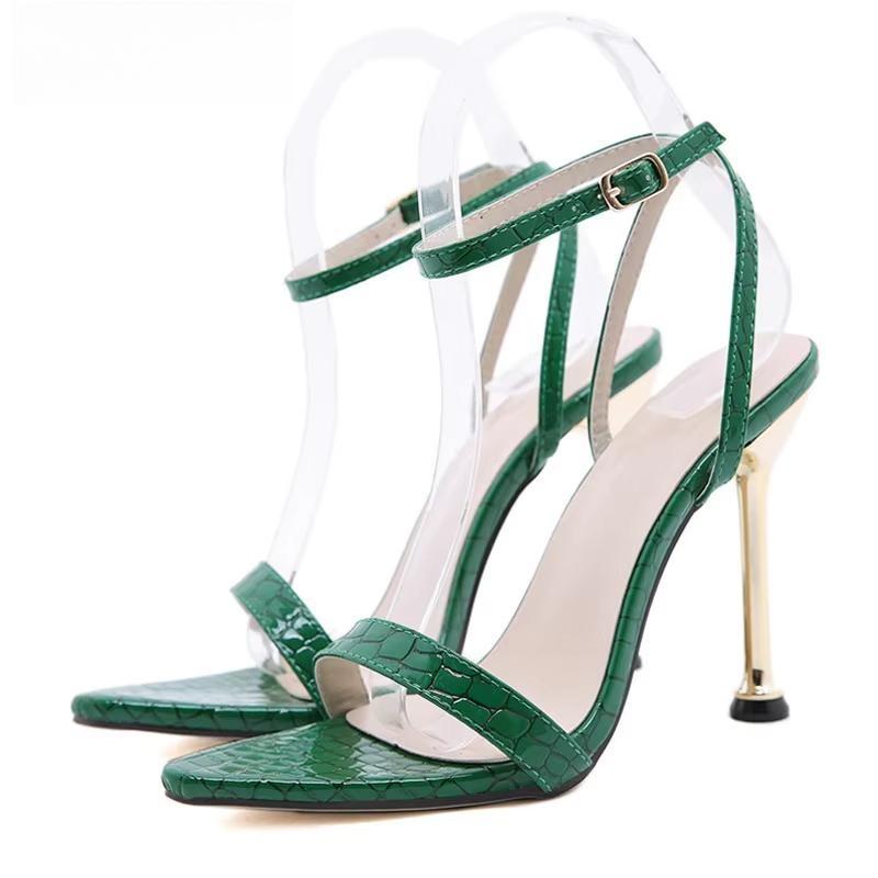 Green High Heels Sandals with Narrow Band Ankle Buckle Strap for Women
