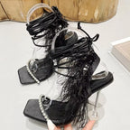 Womens Fuzzy Feather Transparent High Heel Sandals for Summer Fashion