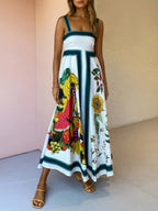Botanical Fruit Print Square Neck Contrast Trim A-Line Maxi Dress