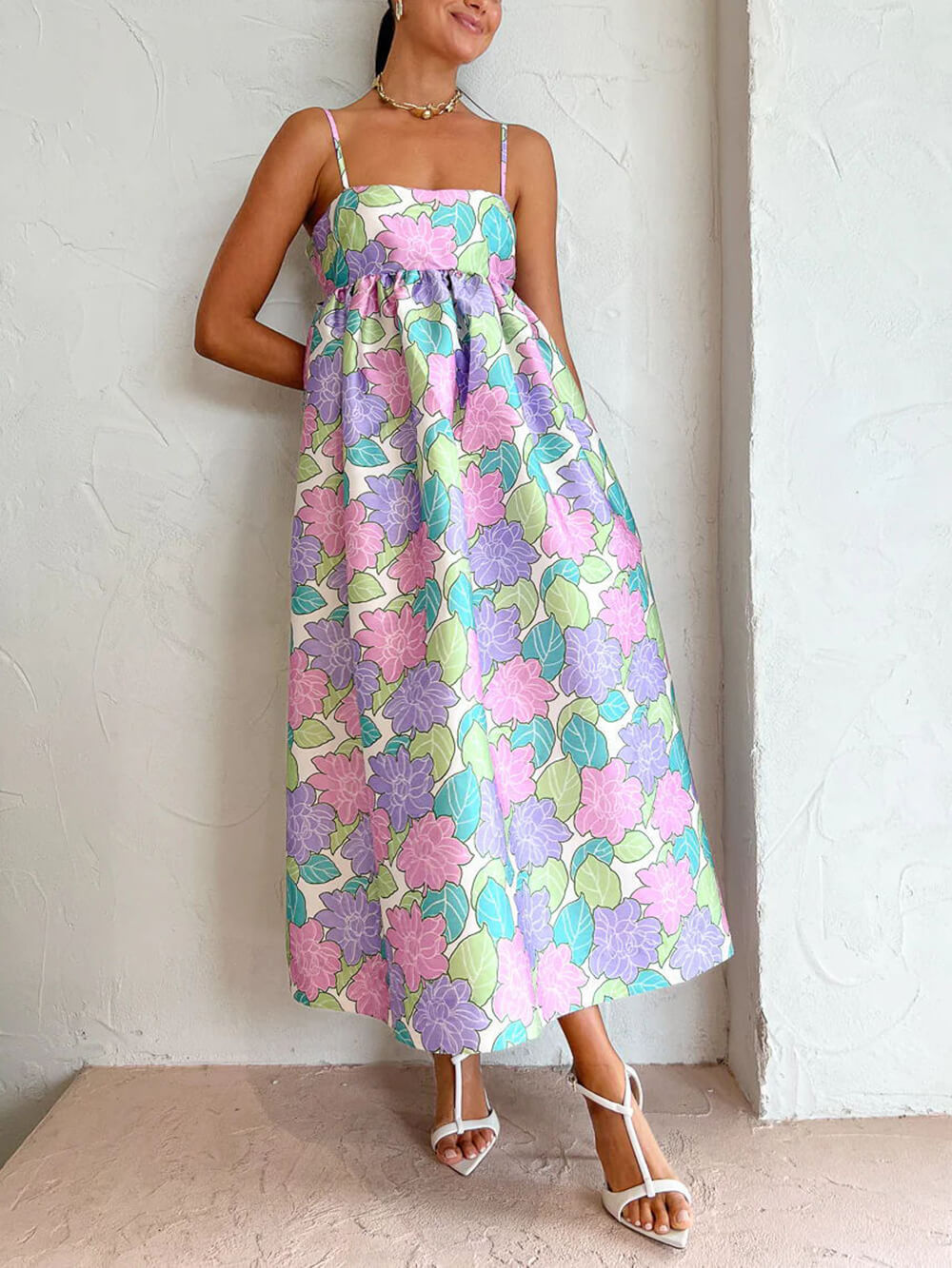 Square Neck Spaghetti Strap Empire Waist Tropical Floral Babydoll Midi Dress