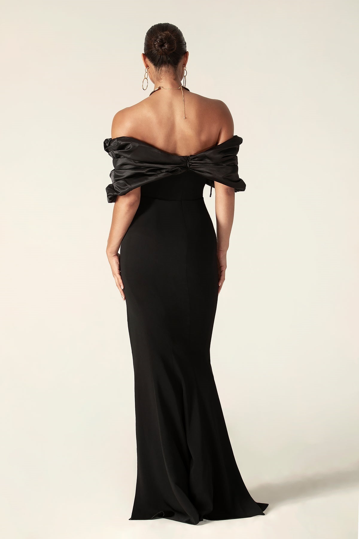 Off Shoulder Draped Satin Bodice High Split Column Maxi Gown
