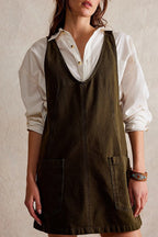 Denim Deep V-Neck Wide Strap Front Pocket Pinafore Mini Dress