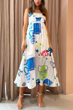 Graphic Print Spaghetti Strap Tiered Eyelet Trim Midi Dress